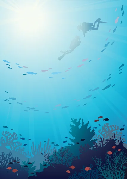 Sous-marin - récif corallien et plongeurs . — Image vectorielle