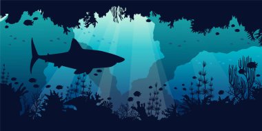 Sualtı mağarası, köpekbalığı silueti, mercan resifi ve balıklarla dolu. Deniz yaşamının vektör çizimi. Deniz manzarası resmi.