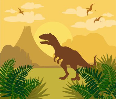 Dinozor silueti ile tarih öncesi manzara - tyrannosaurus rex ve pterodactyl, yeşil eğreltiotu, dağlar ve volkan. Vektör doğa çizimi. Nesli tükenmiş hayvanların resmi.