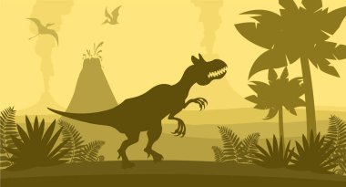 Dinozor silueti ile tarih öncesi manzara - allosaurus ve pterodactyl, eğreltiotu, palmiye ağacı ve volkan. Vektör doğa çizimi. Nesli tükenmiş hayvanların resmi.