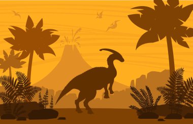 Dinozorların doğadaki silueti. Patlama volkanı, palmiye ağaçları ve tarih öncesi eğreltiotları. Antik parasaurolophus ve pterodactyl ile vektör illüstrasyonu.