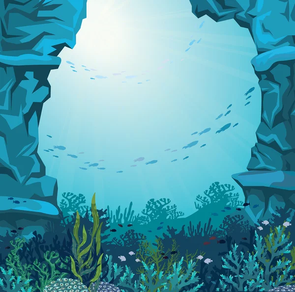 Underwater cave and coral reef. — Stock Vector