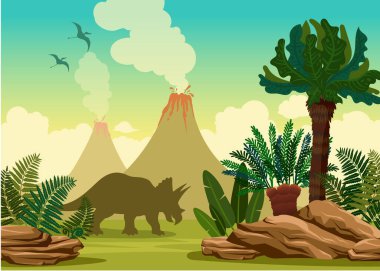 Eski hayvan ve bitkilerle vektör doğa çizimi. Dinozorlarla tarih öncesi manzara - triceratop ve pterodactyl, patlayan volkan, yeşil bitkiler ve taşlar