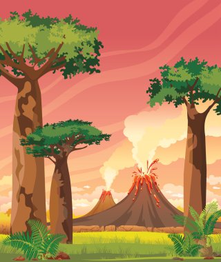 Tarih öncesi yatay - dumanlı volkanlar ve baobabs.