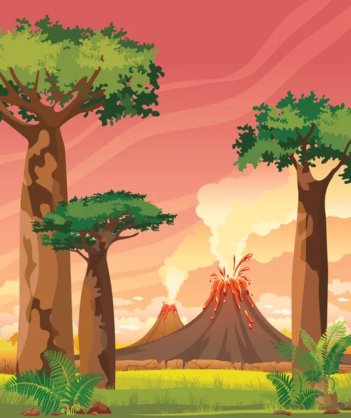 Paisaje prehistórico: volcanes humeantes y baobabs . — Vector de stock