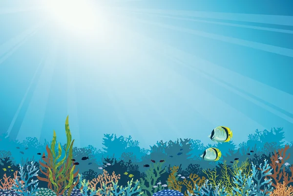 Arrecife de coral con pescado. Mar submarino . — Vector de stock