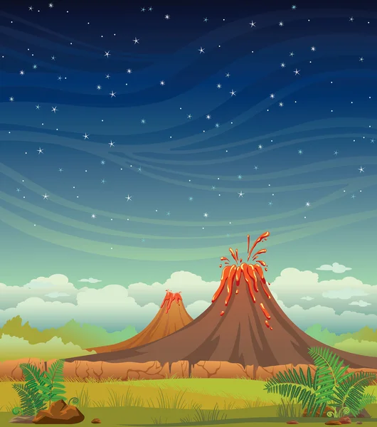 Paisaje de noche prehistórica con volcanes Ilustraciones De Stock Sin Royalties Gratis