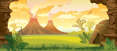 Prehistoric landscape with volcanoes. clipart