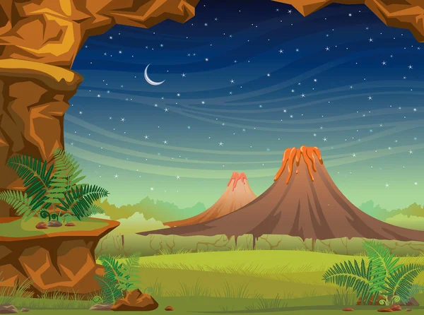 Prehistoric landscape with volcanoes at night. — Stock Vector