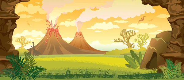 Paisaje prehistórico con volcanes . — Vector de stock