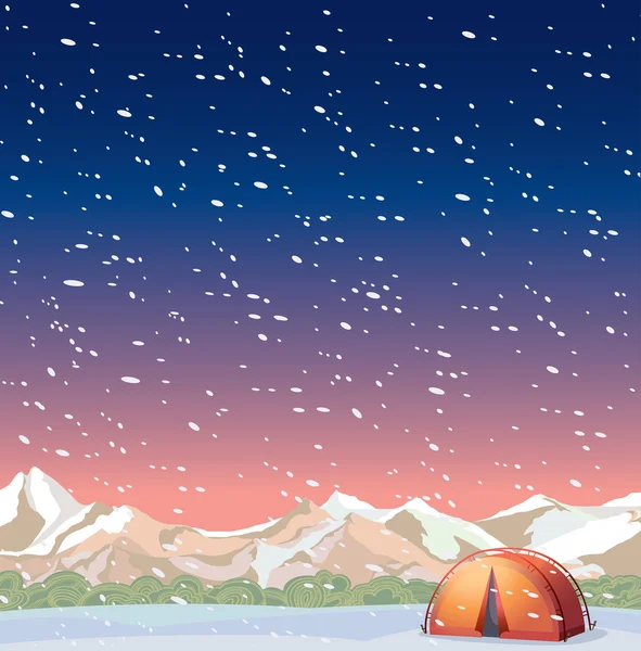 Paisaje invernal - tienda de campaña y nevadas. Camping extremo . — Vector de stock