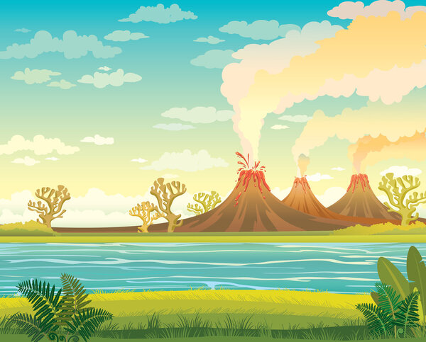 Prehistoric landscape with lake and volcanoes.