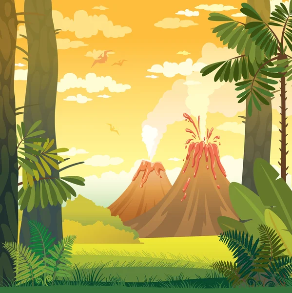 Paisaje prehistórico con volcán y árboles . — Vector de stock