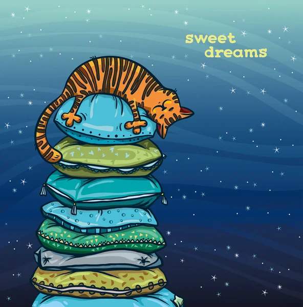 Sonhos doces - gato adormecido e travesseiros em um céu estrelado da noite . —  Vetores de Stock