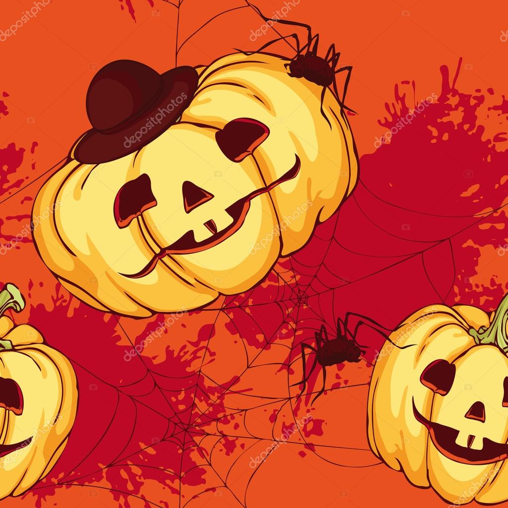 Seamless pattern, wrapping paper with funny pumpkins and spiders