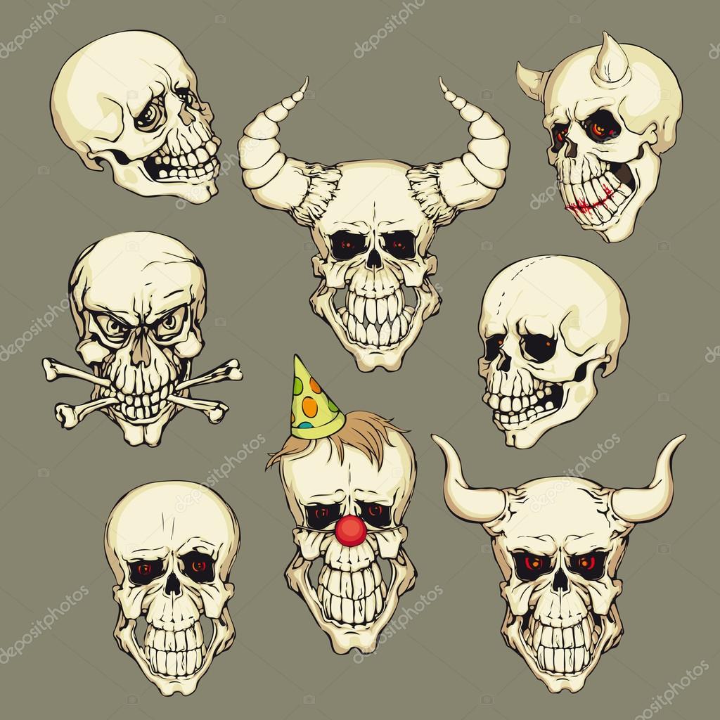 Collection of skulls with horns, set of Halloween