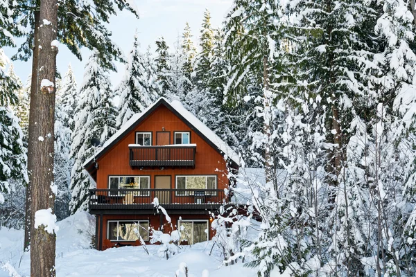Cabaña en Woods Invierno con nieve Imágenes de stock libres de derechos