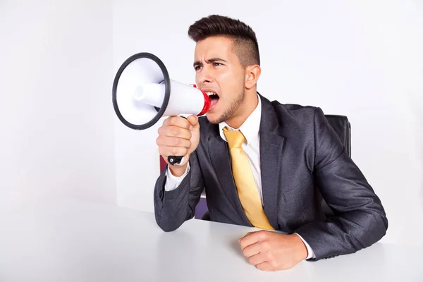 Handsome Businessman His Office Screaming Megaphone — Stock Photo, Image