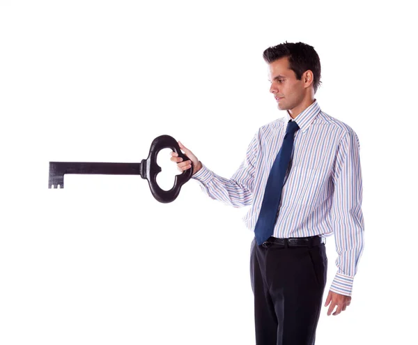 Businessman Holding Big Key Solve All Problems Isolated White — Stock Photo, Image