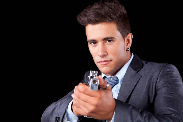 Powerful Businessman Gun Isolated Black — Stock Photo, Image