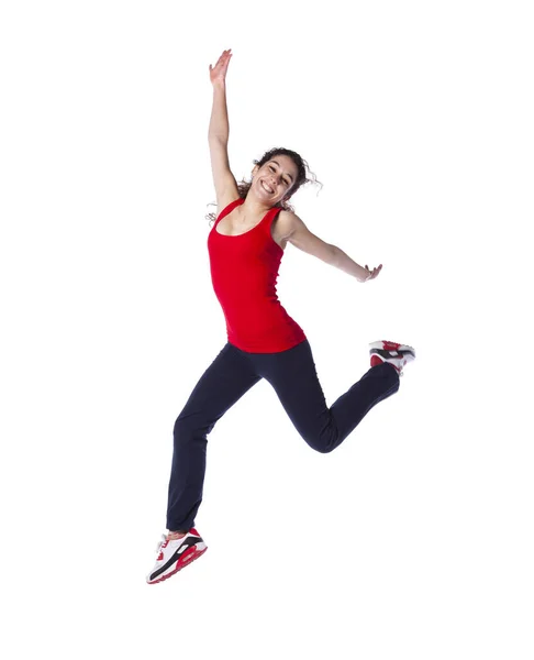 Mujer Joven Saltando Con Ropa Ejercicio Aislado Blanco — Foto de Stock