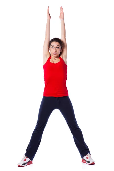 Junge Frau Beim Training Und Dehnen Isoliert Auf Weiß — Stockfoto