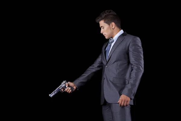 Powerful Businessman Gun Isolated Black — Stock Photo, Image