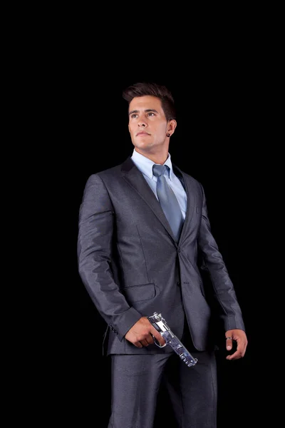 Powerful Businessman Gun Isolated Black — Stock Photo, Image