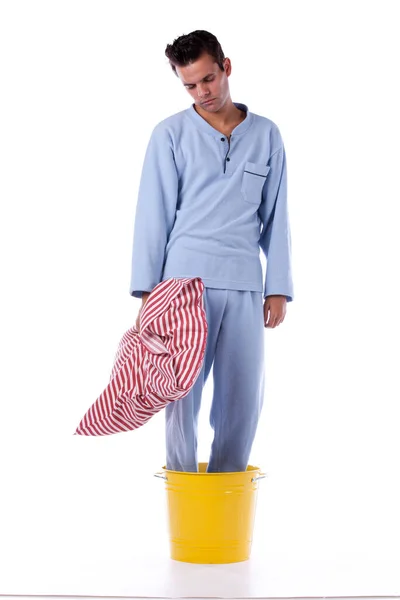 Young Man Dress Nightclothes Yellow Bucket Isolated White — Stock Photo, Image