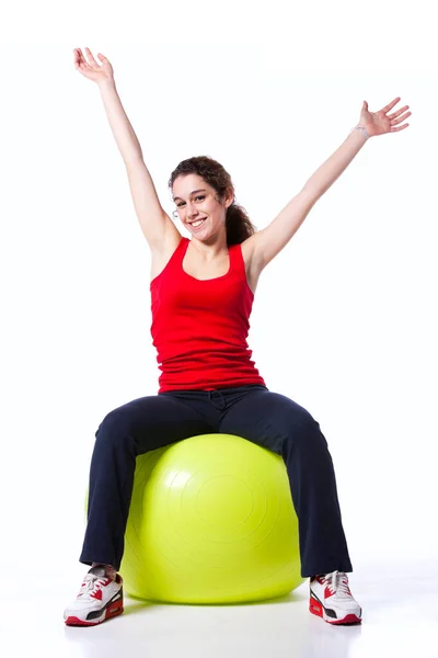 Young Woman Exercising Yellow Pilate Ball — Stock Photo, Image