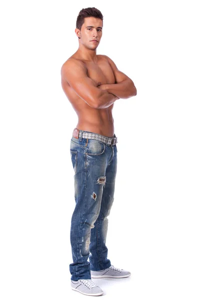 Jovem Com Corpo Muscular Perfeito Isolado Branco — Fotografia de Stock