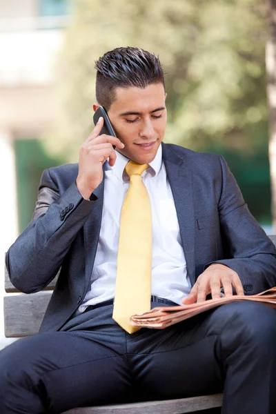 Businessman Sited Bench Calling Cellular Reading His Newspaper — Stock Photo, Image