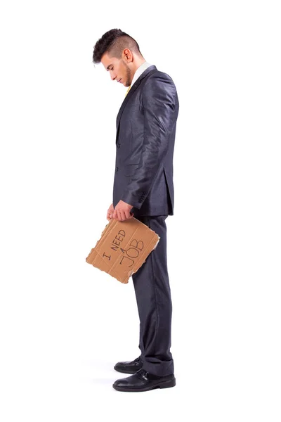 Young Businessman Holding Piece Cardboard Saying Needs Job — Stock Photo, Image