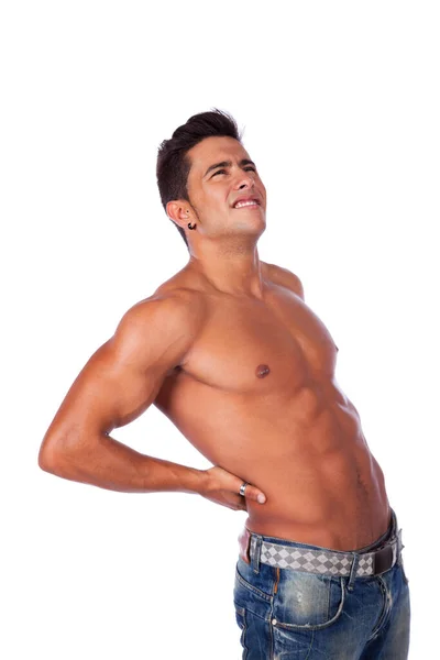 Ung Man Med Ryggsmärta Masserar Musklerna Isolerad Vit — Stockfoto