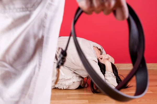 Men Treating Beating His Wife Home Belt — Stock Photo, Image