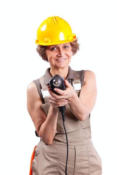Happy Senior Woman Holding Drill Tool Isolated White — Stock Photo, Image