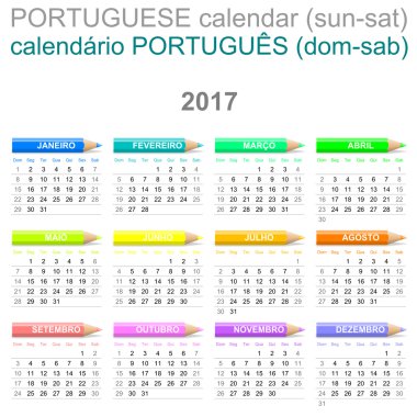 2017 boya kalemi Portekizce sürümü Pazar-Cumartesi takvimi