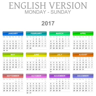 2017 takvim İngilizce dil sürümü Pazartesi-Pazar