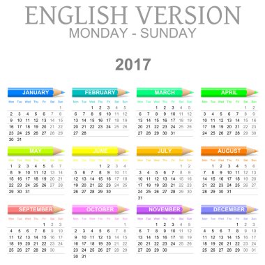 2017 boya kalemi pazartesiden pazara İngilizce sürüm takvimi