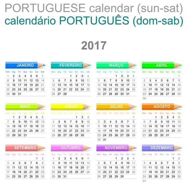2017 蜡笔月历葡萄牙语版本星期日到星期六 — 图库照片
