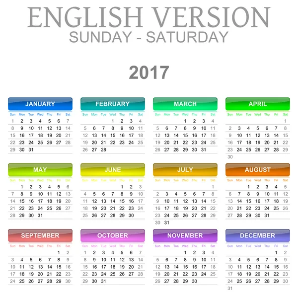 2017 Calendar English Language Version Sunday to Saturday — Stock Photo, Image