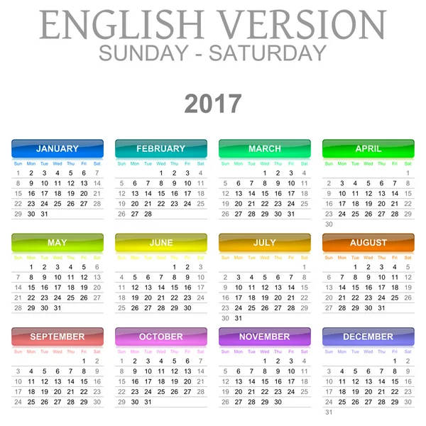 2017 takvim İngilizce dil sürümü Pazar-Cumartesi