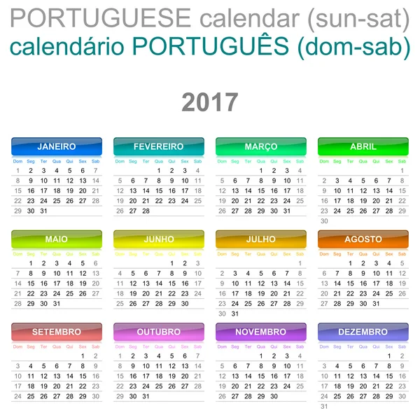 2017 kalendář portugalského jazyka verze neděle do soboty — Stock fotografie