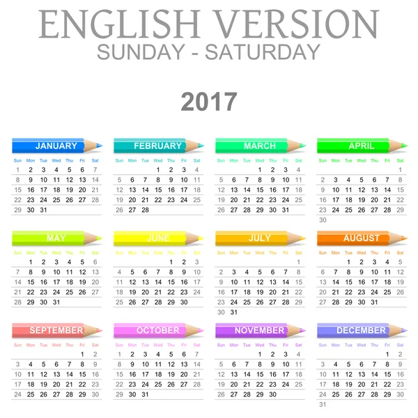 2017 Crayons Calendar English Version Sunday to Saturday — Stock Photo, Image