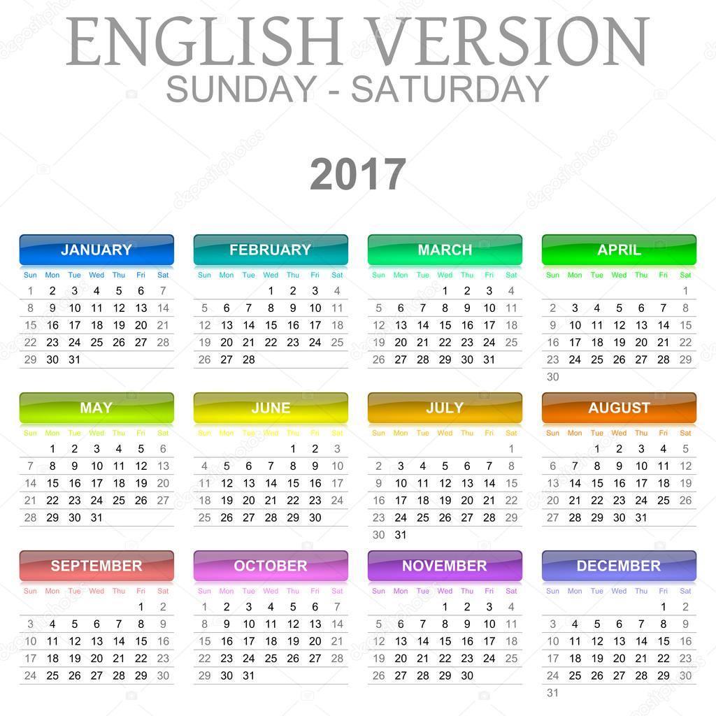 2017 Calendar English Language Version Sunday to Saturday