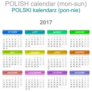 2017 takvim Lehçe dil sürümü Pazartesi-Pazar