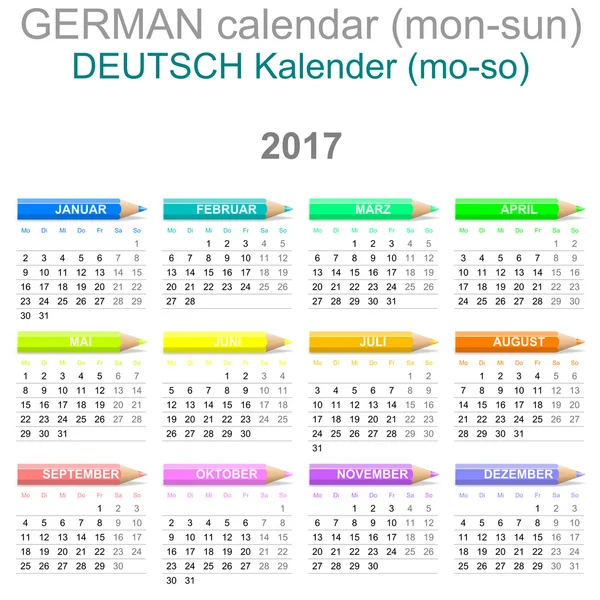2017 boya kalemi Almanca versiyonu pazartesiden pazara takvimi — Stok fotoğraf