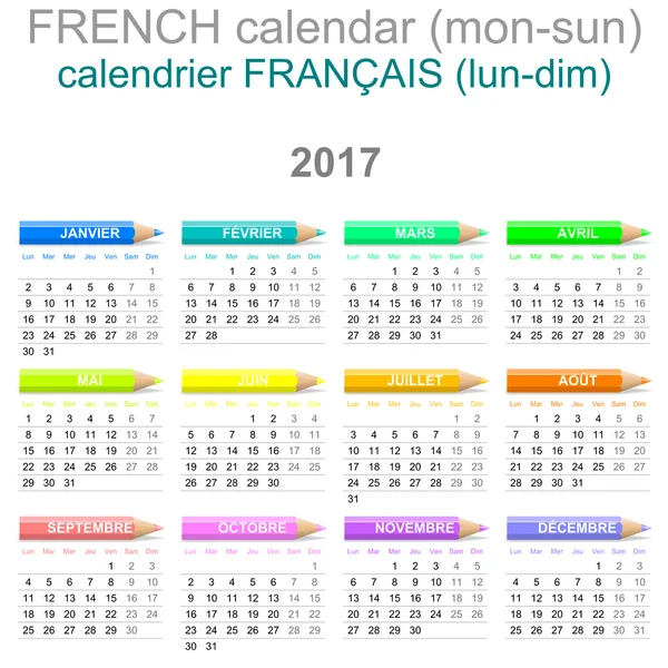 2017 Crayons Calendar French Version Monday to Sunday — Stock Photo, Image