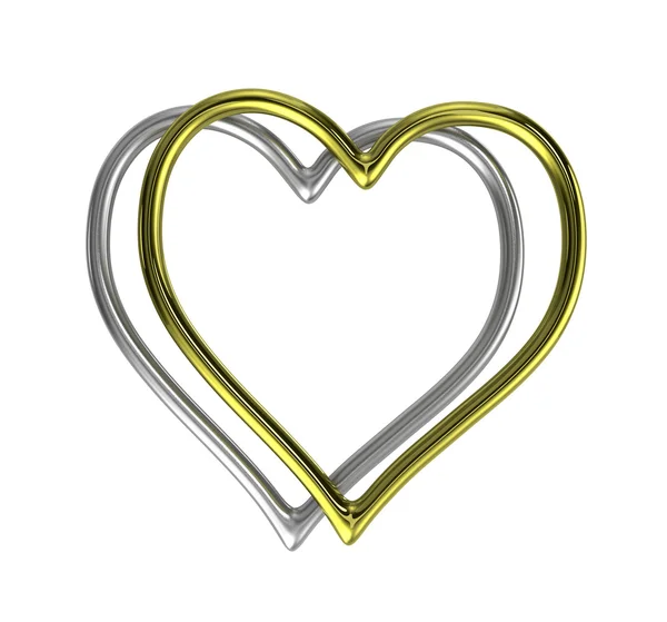 Dvě srdce tvarovaný rám zlaté a stříbrné prsteny — Stock fotografie