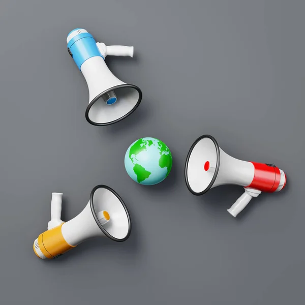 Red, Blue and Yellow Megaphones around the World — Stock Photo, Image